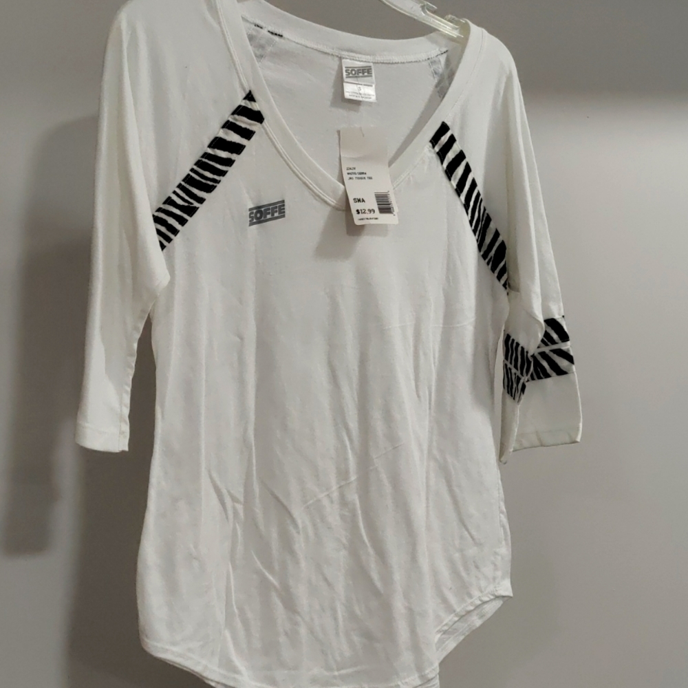 NWT- Soffe white and zebra stripes 3/4 sleeve top. Size Small.